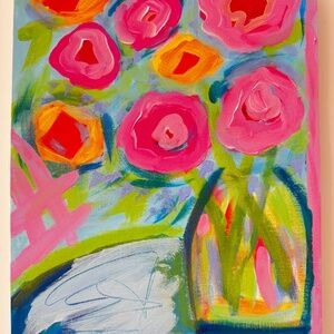 Original Painting Abstract Flowers Acrylic Paper 9" x 12" Signed Front and Back